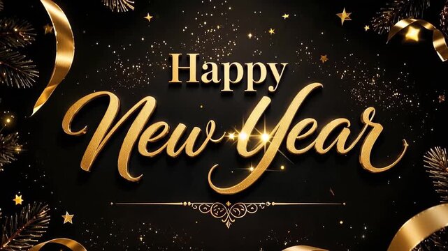 Happy New Year sign with golden text and sparkles. Elegant decorative greeting card background for celebration. Festive holiday design with ribbon and pine branch.