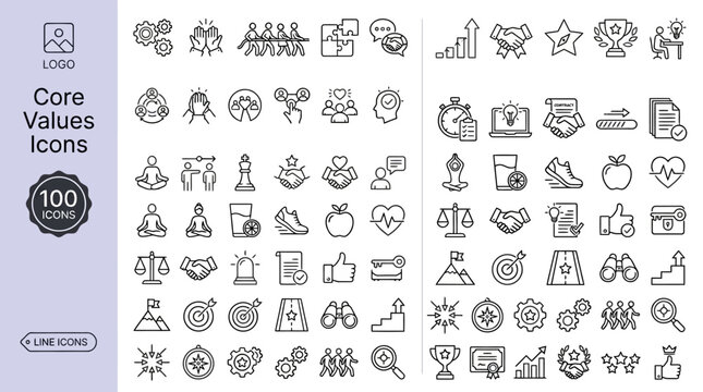 Core Values Line Icons Set Business Ethics Integrity Teamwork Leadership Growth Success Corporate Social Responsibility , png, jpeg, jpg, transparent bg
