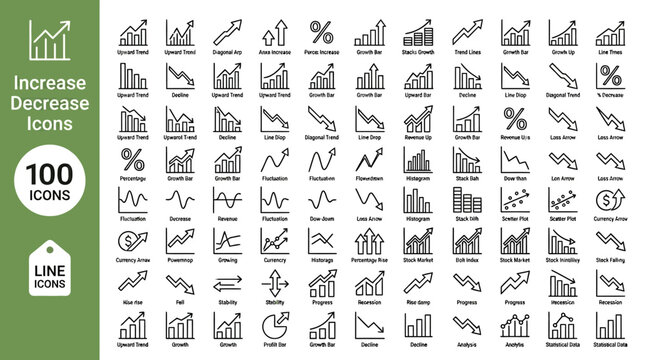 Financial Growth and Decline Line Icon Set, Stock Market Trends, Business Chart Graphics, 100 Vector Assets , png, jpeg, jpg, transparent bg