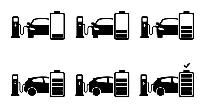 Electric Car Charging Icons Set: Battery Level Indicators, EV Charging Stations, Powering Up Vehicle, Clean Energy Transportation