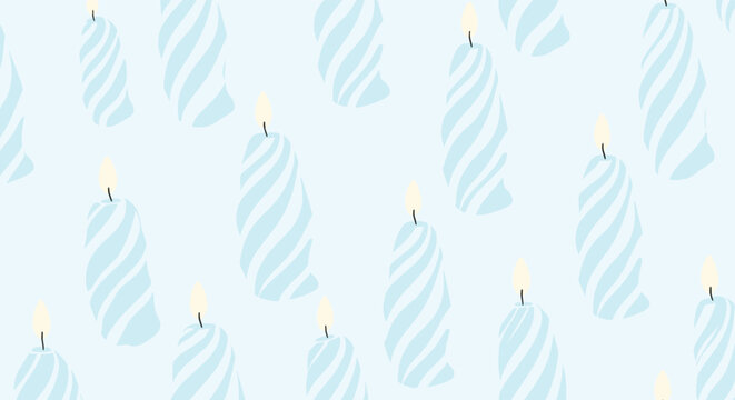 Soft and airy seamless pattern of white and blue striped wavy candles with small flames on a very light blue background for birthdays.