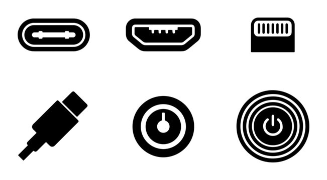USB C, HDMI, SD Card, Power Button Icons: Tech Connectivity and Interface Symbols