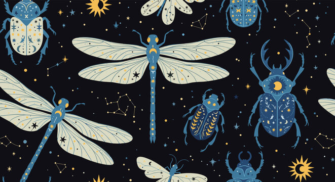 Mystical seamless pattern with dragonflies, beetles, stars, and crescent moons on a dark navy blue background for a celestial theme.