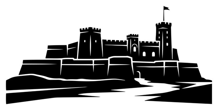 Medieval castle fortress with stone walls and tower in black and white vector style