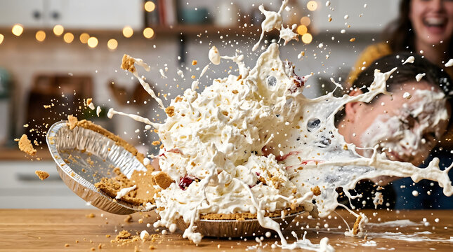 Cream pie smashing on table with splashing whipped cream