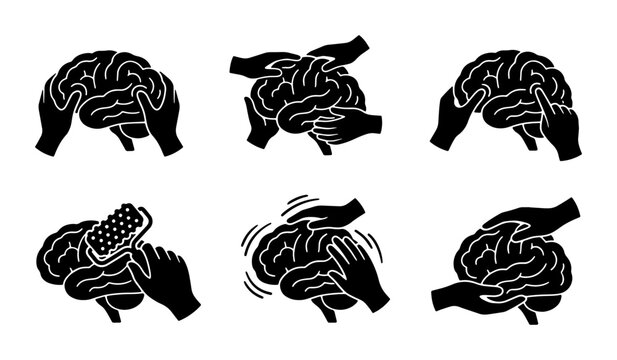 Brain Health Icons: Mental Stimulation, Cognitive Care, and Neurological Concepts, Set of 6 Black and White Vector Illustrations