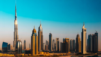Obraz premium The modern Dubai cityscape skyline at sunset showcases sleek skyscrapers and architecture.