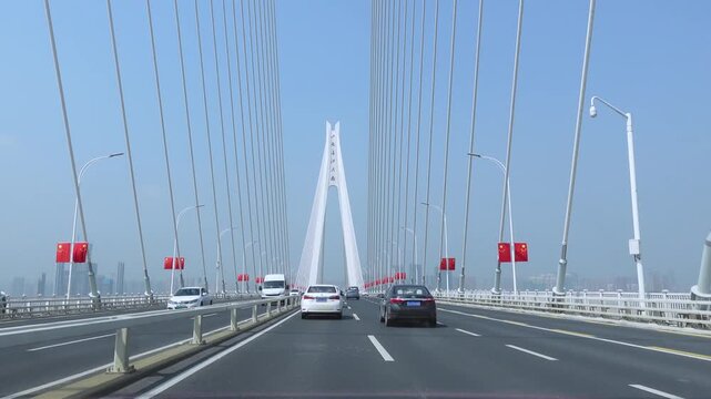 Traffic on Erqi Yangtze River Bridge in Wuhan in Erqi Yangtze River Bridge, Wuhan, China