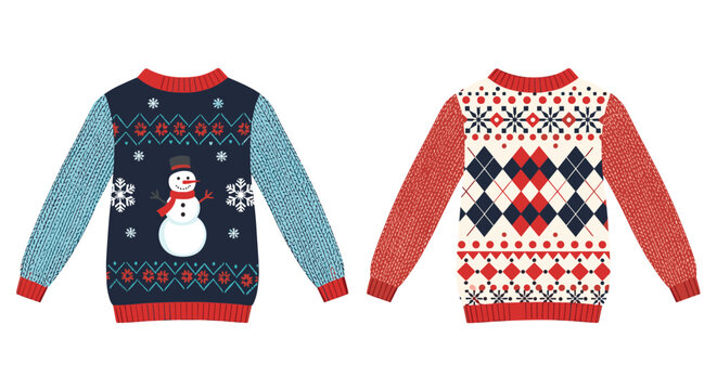 Pair of festive ugly Christmas sweaters featuring a snowman on one and a classic argyle diamond pattern on the other for holiday cheer.