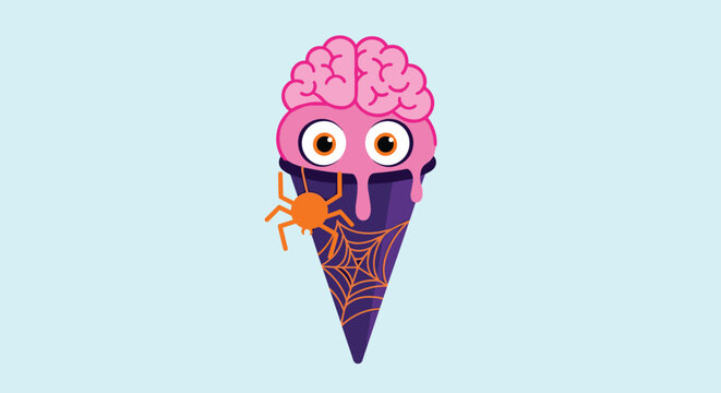 Spooky Halloween ice cream cone featuring a pink brain scoop with googly eyes and an orange spider on a dark purple cone illustration.