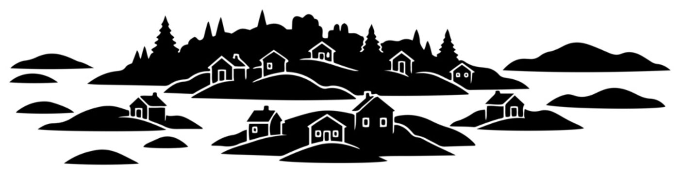 Nordic archipelago settlement with small houses and pine forest silhouette style