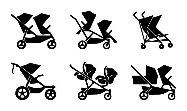 Twin Stroller Icons, Double Pushchair Silhouettes, Tandem Baby Carriage Vector Set for Parenthood and Travel