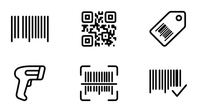 Barcode and QR Code Icons Set, Scanning Technology, Retail Tag, Digital Data Identification, Vector Graphics for Commerce and Technology