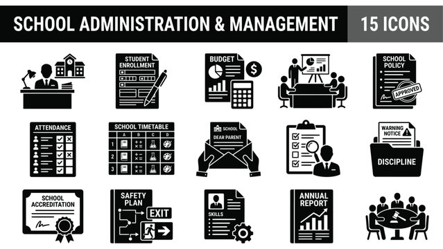 Black and White School Administration and Management Icon Set, 15 Flat Vector Symbols