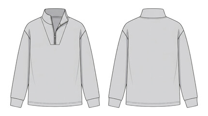 CAD Drawing of a Men's Quarter Zip Sweatshirt in Grey, Front and Back Views for Apparel Design © akila