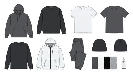 Clothing CAD designs technical sketches of apparel like hoodies, t-shirts, sweatpants, and beanies, for fashion design © akila