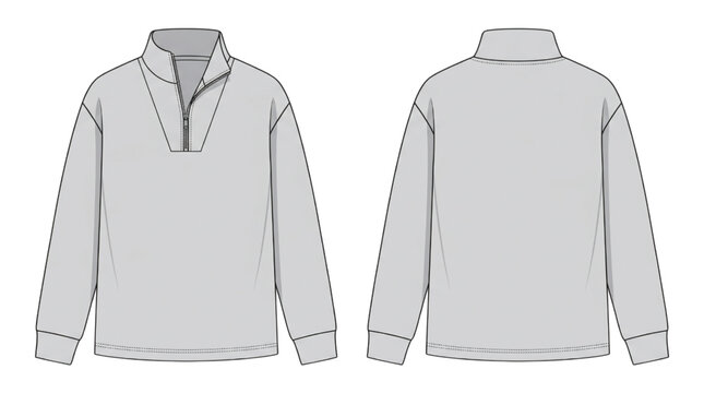 CAD Drawing of a Men's Quarter Zip Sweatshirt in Grey, Front and Back Views for Apparel Design
