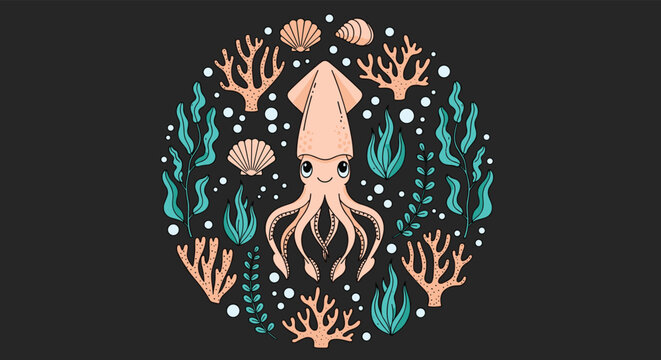 Cute squid character illustration in a circular composition surrounded by colorful coral, seaweed, and seashells on a dark background.