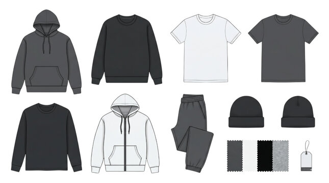 Clothing CAD designs technical sketches of apparel like hoodies, t-shirts, sweatpants, and beanies, for fashion design