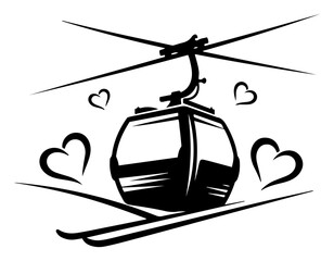 Cable car gondola over snow skis with romantic hearts for winter vacation in minimalist vector style © Camel