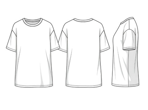 Comprehensive CAD vector flat sketch of a versatile oversized t-shirt, showcasing front, back, and profile views for precise garment production and digital apparel design mockups