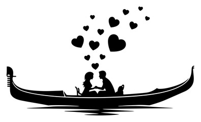 Couple sitting in gondola boat with floating hearts black silhouette style © Camel