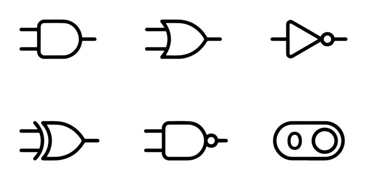 Digital Logic Gate Icons Set, Electronic Circuit Symbols Collection, Technology Engineering Diagrams, Vector Symbols for Science and Computing
