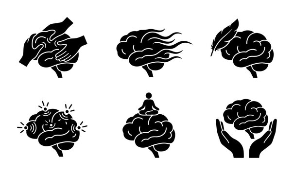 Brain Icon Set: Mental Health, Creativity, and Cognitive Function.  Mindfulness, Stress, and Idea Generation Vector Graphics.