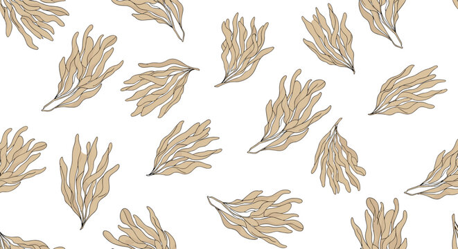 Natural seamless pattern featuring clusters of dried seaweed in earthy tan tones for organic cosmetic packaging and beach theme designs.