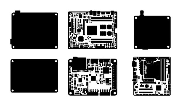 Set of Six Black Circuit Board Icons, Computer Motherboard Graphics, Electronic Components Vector Illustrations for Technology and Innovation Concepts