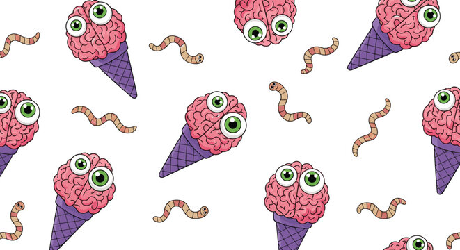 Spooky and fun seamless pattern of brain-shaped ice cream scoops with eyes and crawling worms for Halloween themed party decorations.