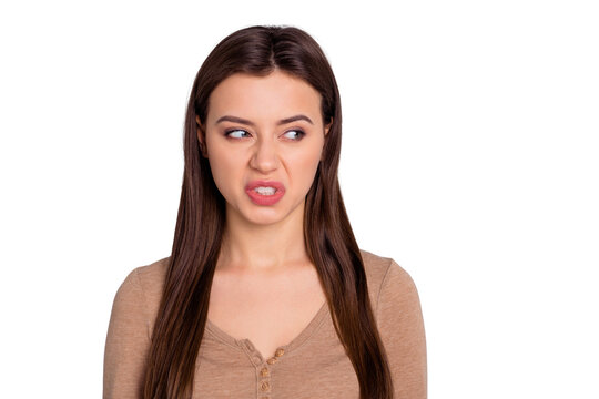 Close up photo beautiful amazing she her lady ideal appearance look side spoiled food ugh facial expression impolite rude person wear casual pastel brown pullover sweater isolated grey background