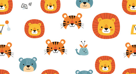 Obraz premium Playful seamless pattern showcasing various cute animal faces including lions, tigers, and bears with simple shapes perfect for kids nursery wallpaper.