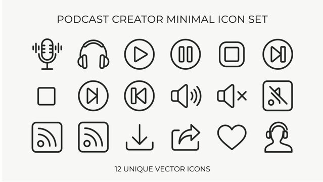 Modern minimalist vector icon collection for podcast creators, audio content management, and media player controls. Essential UI concept elements for digital broadcasting