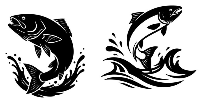 Jumping fish splashing in water waves black silhouette style