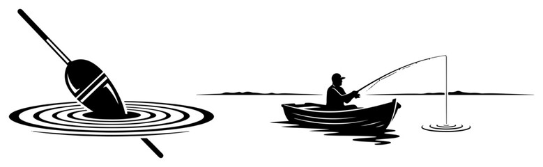 Fishing float with water ripples and fisherman in boat in minimalist silhouette style © Camel