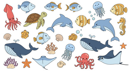 Naklejka premium Large assortment of cute marine life illustrations including whales, dolphins, a turtle, a squid, an octopus, fish, seahorses, and colorful corals.