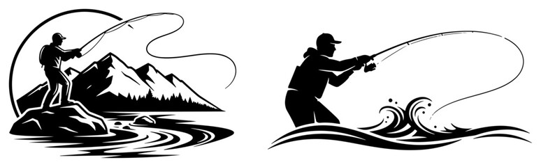 Fisherman standing on rocks by mountain river casting line in woodcut stencil style © Camel