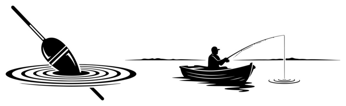 Fishing float with water ripples and fisherman in boat in minimalist silhouette style