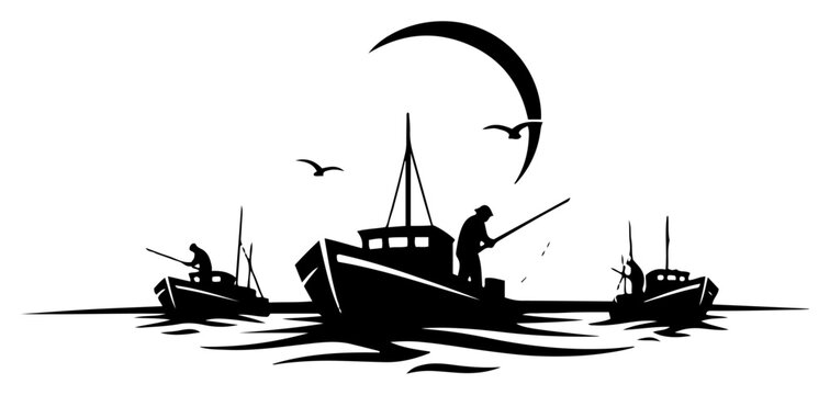 Fishing boats at sea under crescent moon with seagulls in high contrast graphic style