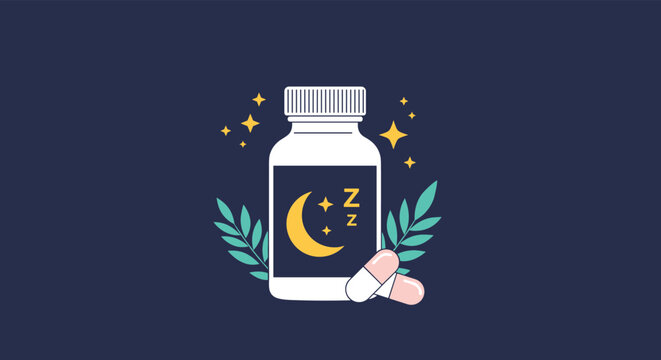 Creative illustration of a white medicine bottle for sleep aid featuring a moon and stars design surrounded by pink pills and green leaf accents.