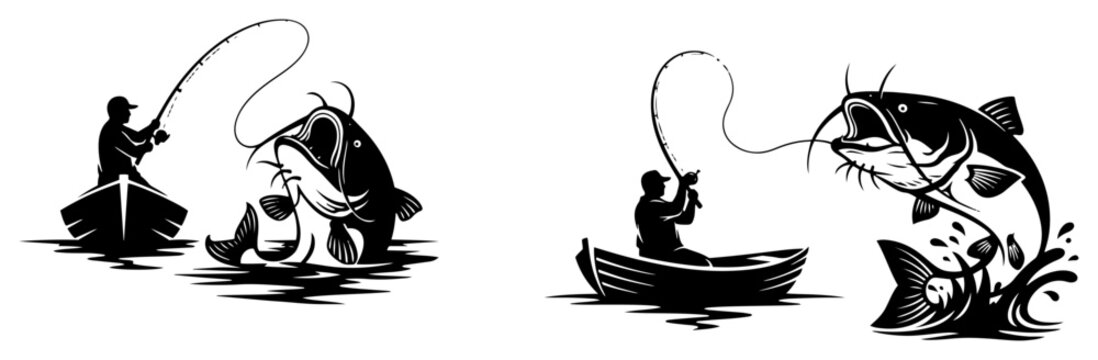 Fisherman in boat catching big jumping fish in woodcut stencil style
