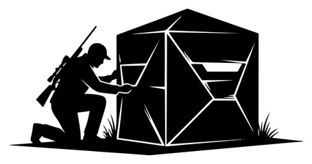 Hunter with rifle kneeling next to portable ground blind in silhouette vector style © Camel
