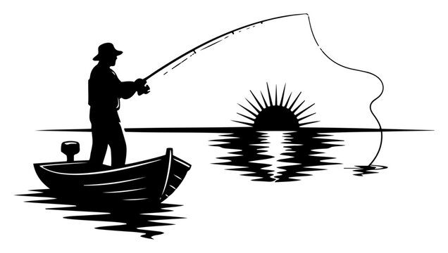 Fisherman casting rod from small boat during sunset in silhouette vector style