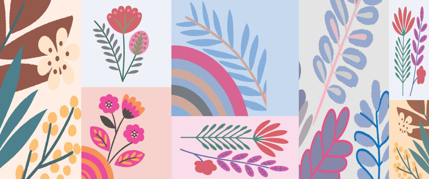 Colorful floral patterns and leaves collage