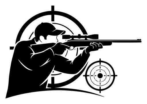 Hunter with rifle and scope aiming at targets in black and white silhouette style
