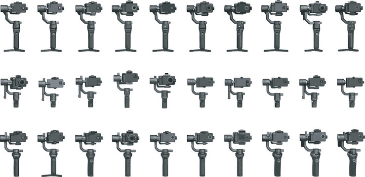 Large grid collection showing a handheld smartphone camera gimbal stabilizer in various rotating angles and operational positions isolated on a plain white background