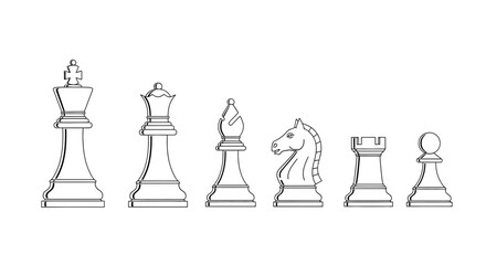 Chess Pieces Line Art: King, Queen, Bishop, Knight, Rook, Pawn Set © nei