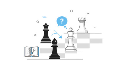 Chess Strategy: King, Queen, Bishop Pieces with Question Mark and Book © nei