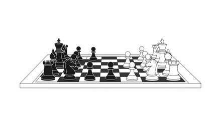 Chessboard with black and white pieces, strategic game, competition concept © nei